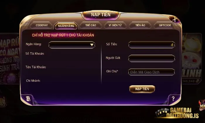 Nạp tiền nhanh chóng tại cổng game đổi thưởng Gemwin